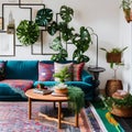 12 A cozy, bohemian-inspired living room with a mix of colorful textiles, a statement rug, and lots of greenery2, Generative AI