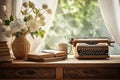 Decorative boho interior. typewriter and book on table. generative ai