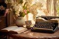 Decorative boho interior. typewriter and book on table. generative ai