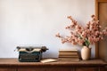 Decorative boho interior. typewriter and book on table. generative ai