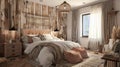 Cozy boho style bedroom with natural wood and soft textiles Royalty Free Stock Photo