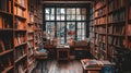 A Cozy Bookstore Interior with Bookshelves and a Window View Royalty Free Stock Photo