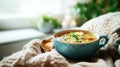 cozy bowl of warm soup with herbs and vegetables on soft blanket. ai generative Royalty Free Stock Photo