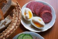 Cozy breakfast with boiled eggs, cold cuts, and fresh bread Royalty Free Stock Photo