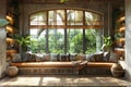 Cozy breakfast nook with a built-in bench and natural light3D render Royalty Free Stock Photo