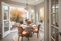 cozy breakfast nook with french doors, white table and chairs, and view of the garden