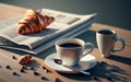 Cozy Breakfast Scene: Coffee, Croissant, Newspaper. Generative Ai.