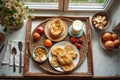 Cozy breakfast with scones and fruit on a rustic tray by a window Royalty Free Stock Photo
