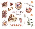 Cozy breakfast. Set of watercolor illustrations on white isolated background