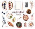 Cozy breakfast. Set of watercolor illustrations on white isolated background. Croissants, coffee, sandwiches, notepads