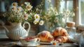 Cozy breakfast setting with daisies - generative ai