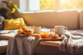 Cozy breakfast tray sunny morning. Generate Ai