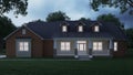 Cozy brick house with a large garden and lawn. Home exterior. Twilight, night lighting.