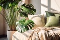 Cozy bright bedroom with indoor plants.Home interior design.Biophilia design,urban jungle concept Royalty Free Stock Photo