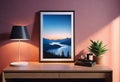 Cozy bright bedroom interior with bedside table and table lamp with photo or painting frame mockup, Royalty Free Stock Photo