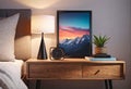 Cozy bright bedroom interior with bedside table and table lamp with photo or painting frame mockup, Royalty Free Stock Photo