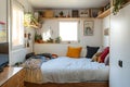 Cozy and bright bedroom with natural light, plants, textured bedding, and eclectic decorations Royalty Free Stock Photo