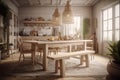 Cozy bright kitchen in scandi style. Dining table with benches, wooden floor, crockery and furniture, wicker lampshades