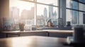 Cozy bright office with cityscape, generative ai Royalty Free Stock Photo