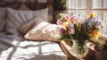 Cozy Bright Space with Fresh Flowers and Comfortable Bedding Royalty Free Stock Photo