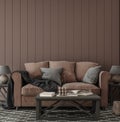 Cozy brown farmhouse living room interior, wall mockup