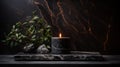 Cozy burning aromatic black candle in home interior decor, creat relax ambient Royalty Free Stock Photo