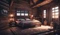 cozy cabin bedroom interior dark tones, generative AI