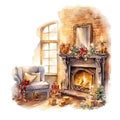 cozy cabin with a fireplace, chair, and Christmas elements illustration, isolated on a white background Royalty Free Stock Photo