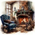 cozy cabin with a fireplace, chair, and Christmas elements illustration, isolated on a white background Royalty Free Stock Photo