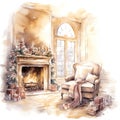 cozy cabin with a fireplace, chair, and Christmas elements illustration, isolated on a white background Royalty Free Stock Photo