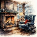 cozy cabin with a fireplace, chair, and Christmas elements illustration, isolated on a white background Royalty Free Stock Photo