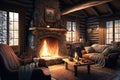 cozy cabin with fireplace and comfy sofas