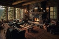 cozy cabin with fireplace and comfy sofas