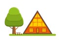 Cozy cabin house in a woods. Family gateway lodge in a forest. Vacation home outdoors. Vector illustration.