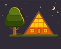 Cozy cabin house in a woods by night. Family gateway lodge in a forest with stars and moon. Vacation home outdoors