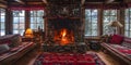 Cozy cabin interior accented by a traditional stone fireplace and hearth. Concept Cabin Interior Design, Stone Fireplace, Royalty Free Stock Photo