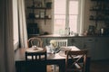 Cozy cabin interior. Country grey kitchen with open shelving in rustic style Royalty Free Stock Photo