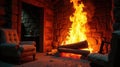 Cozy cabin interior featuring a roaring fireplace, rustic stonework, and comfortable armchairs, creating a warm and inviting Royalty Free Stock Photo