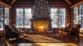 Cozy Cabin Interior with Fireplace and Snowy Forest View Royalty Free Stock Photo