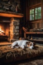 Cozy Jack Russell Terrier Sleeping by Fireplace in Rustic Cabin Royalty Free Stock Photo