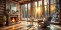 Cozy cabin interior with sunset view and fireplace. Generative AI Royalty Free Stock Photo