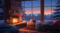 cozy cabin interior with a warm fireplace and snowy mountain view at sunset Royalty Free Stock Photo