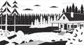 Cozy cabin by lake dusk black and white lofi wallpaper