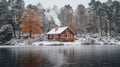 Cozy Cabin Lakeside Winter Snow Forest Scene Royalty Free Stock Photo