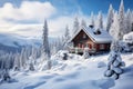 A cozy cabin nestled amidst a stunning snowy mountain landscape, offering a serene retreat to enjoy the beauty of nature., A