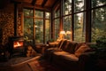 A cozy cabin nestled in a snowy forest, with a crackling fireplace ai created