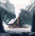 Cozy cabin nestled in a snowy mountain landscape, Generative AI