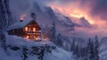 A cozy cabin nestled in the snowy mountains, surrounded by the beauty of nature Royalty Free Stock Photo