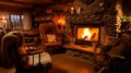 Cozy cabin pension with a crackling fireplace and warm Royalty Free Stock Photo