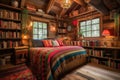 cozy cabin retreat with built-in bookshelves and colorful knickknacks